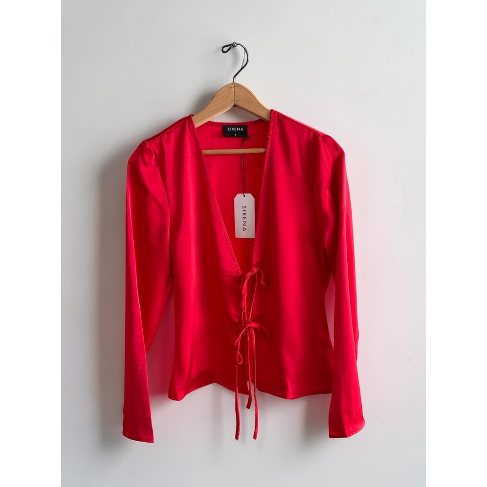 Sirena Red Satin Tie Front Long Sleeve Blouse V-Neck Top Size S NWT